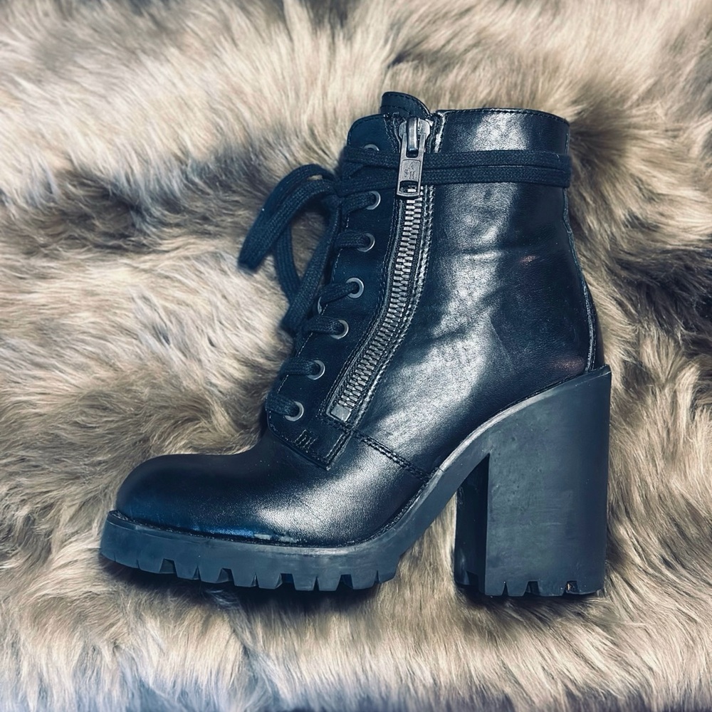 6.5(37) Black Leather Women's 10cm Wedge Combat Boots (Ash)